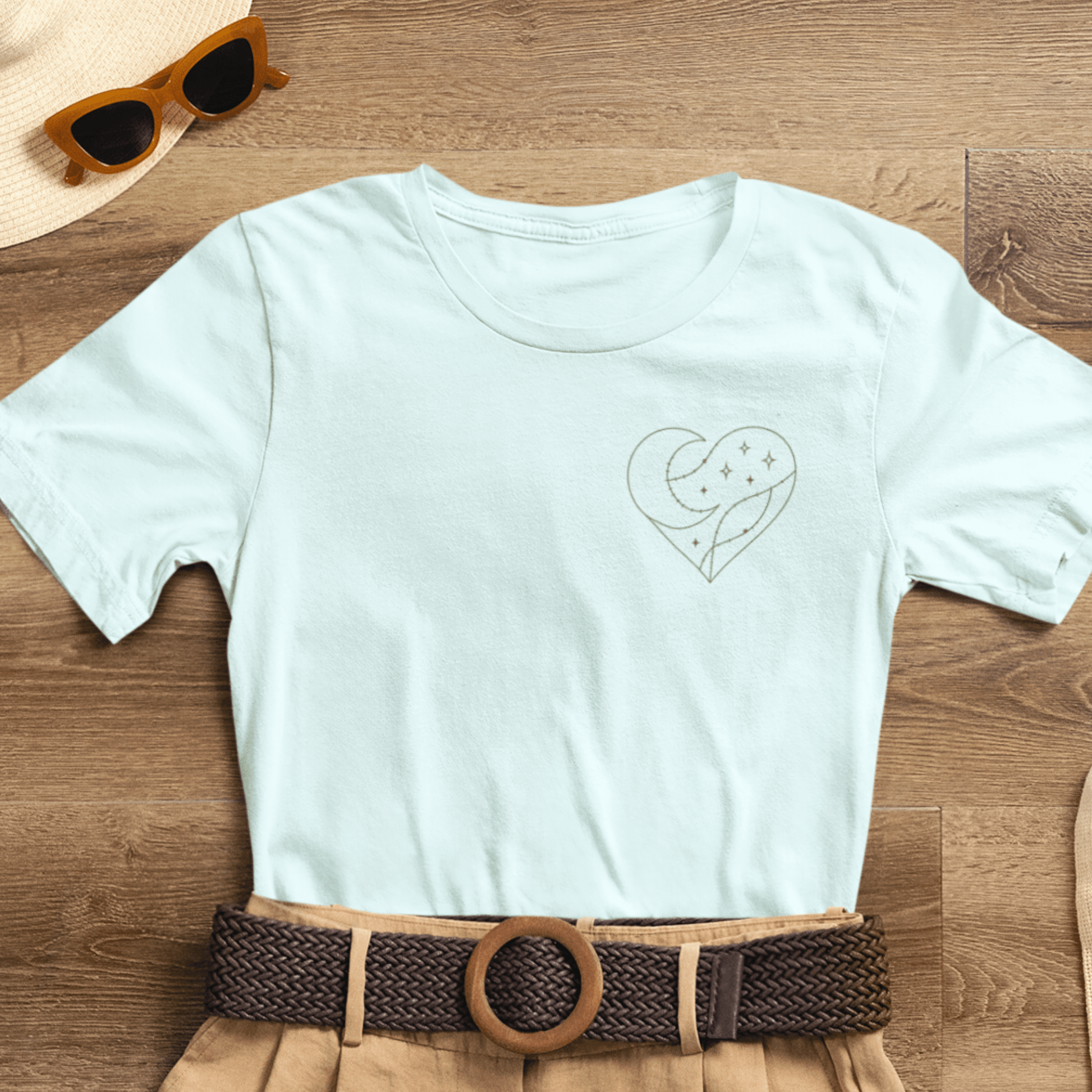 Cosmic Heart Pocket Tee – Minimalist Moon & Stars Graphic T-Shirt | Unisex Spiritual Gift Top - Spirit Stitch