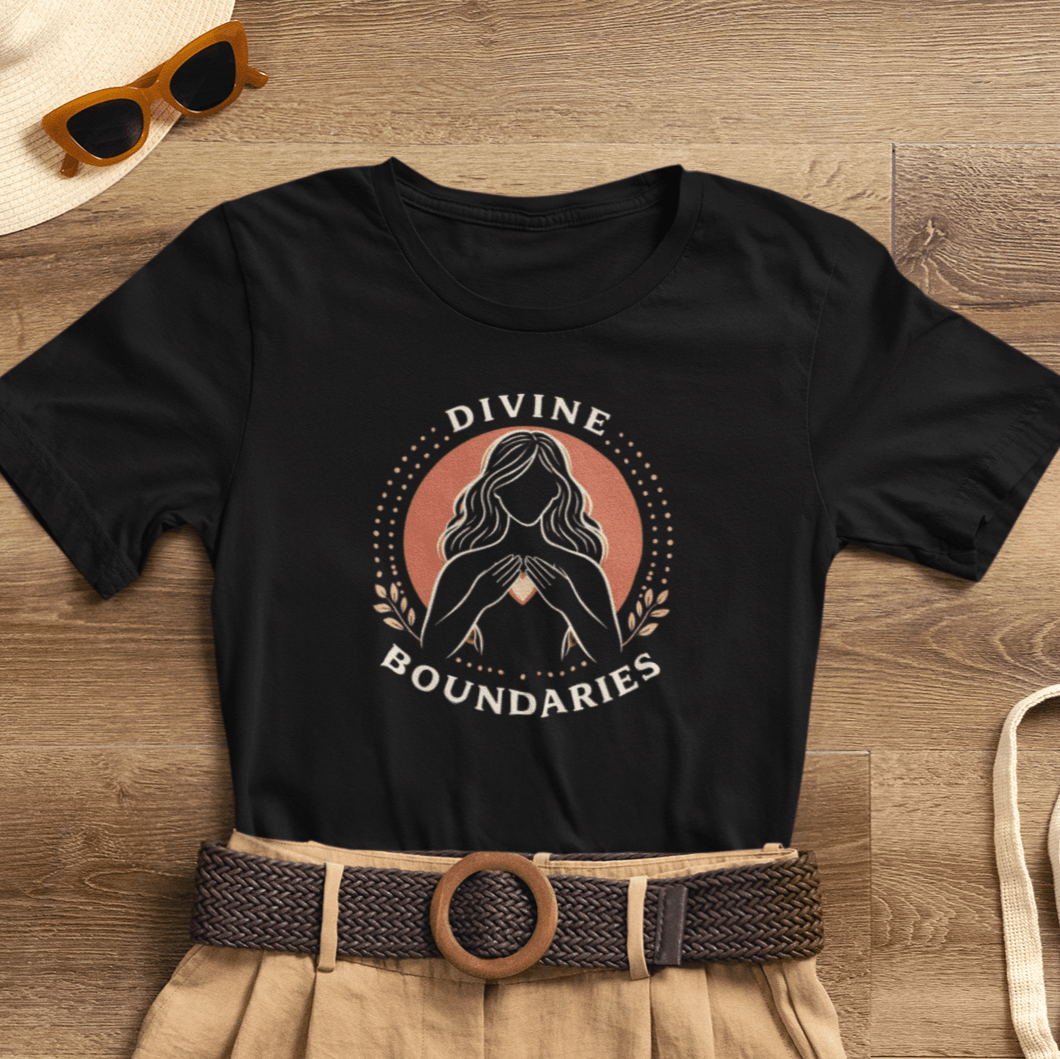 Feminine empowerment graphic T-shirt with divine boundaries design, featuring a stylish print on a comfortable Printify T-shirt.