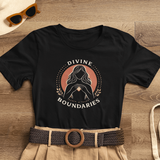 Feminine empowerment graphic T-shirt with divine boundaries design, featuring a stylish print on a comfortable Printify T-shirt.