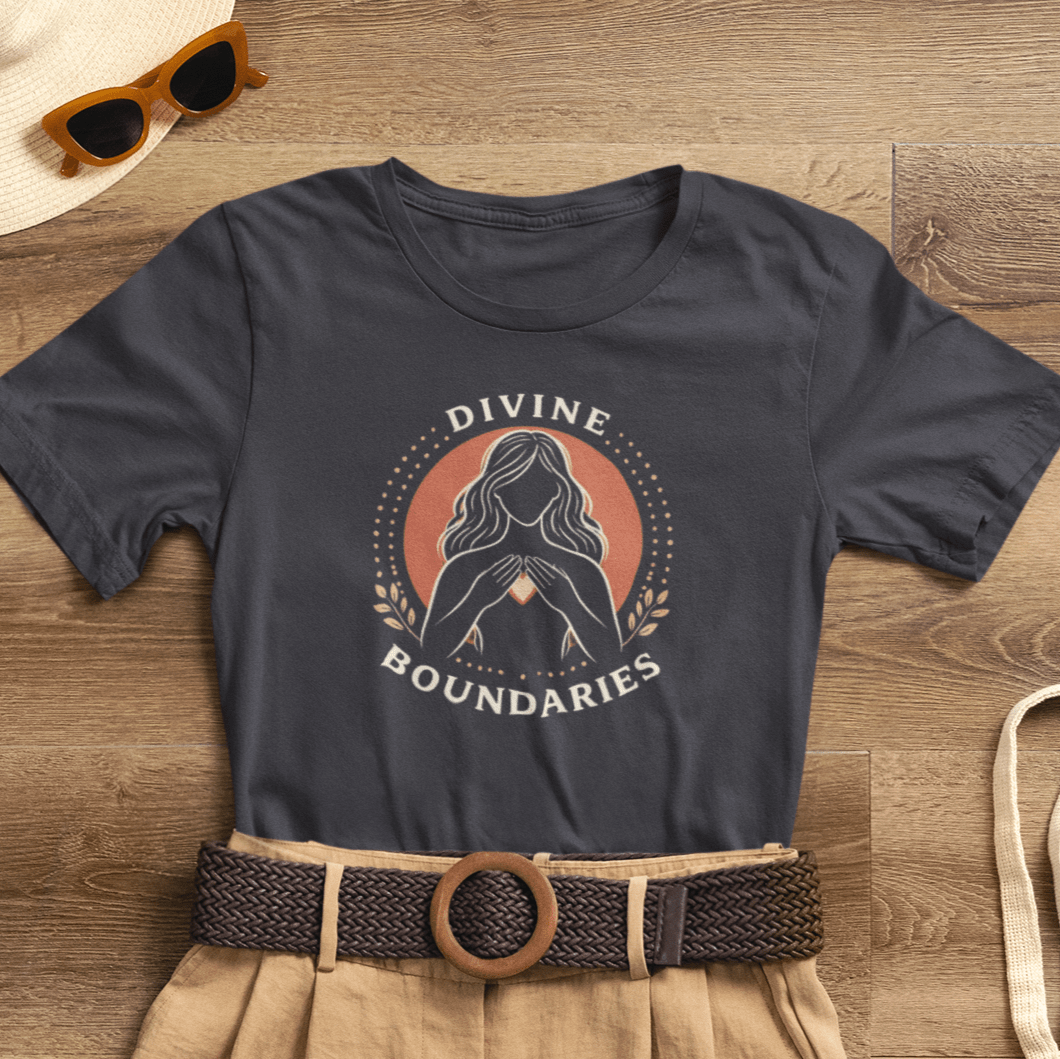 Divine Boundaries T-Shirt by Printify featuring a feminine empowerment graphic design on a casual tee.