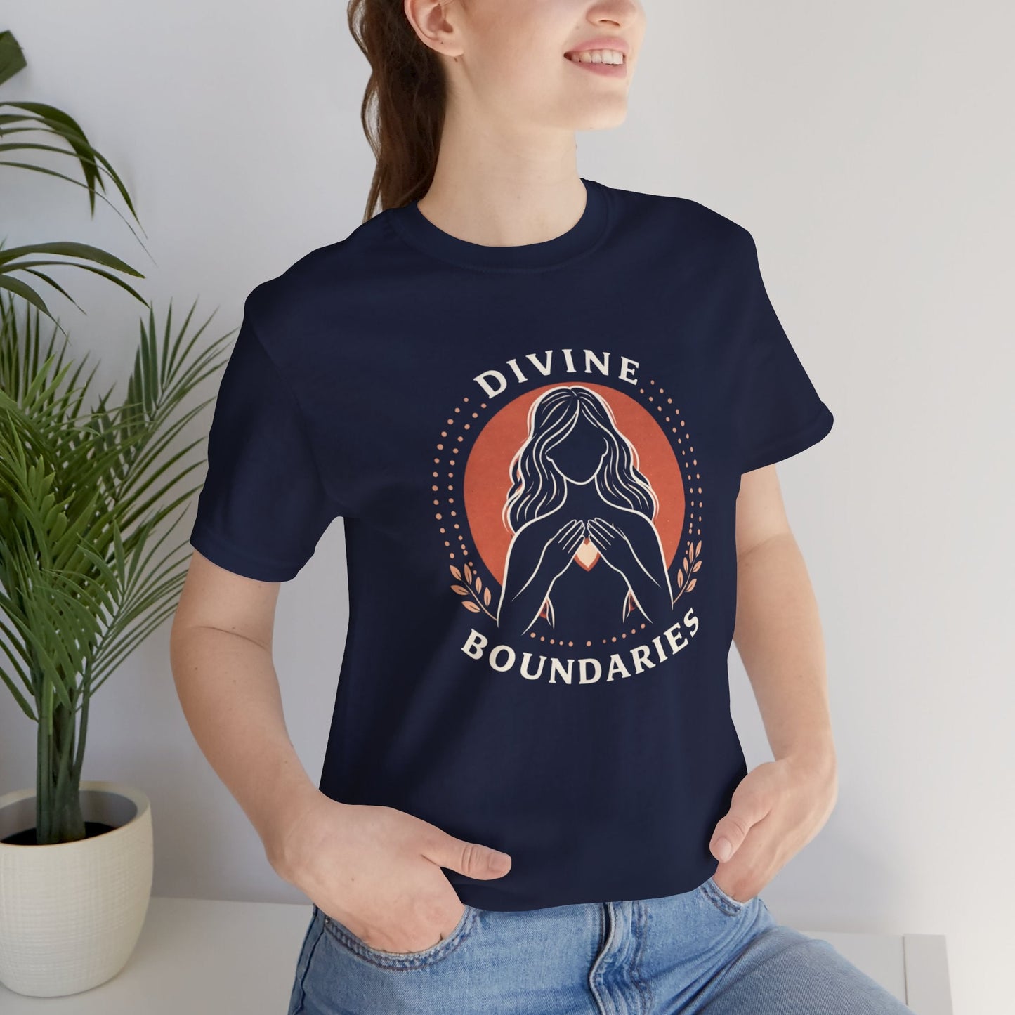 Feminine empowerment graphic T-shirt by Printify featuring inspiring "Divine Boundaries" design on a casual tee.
