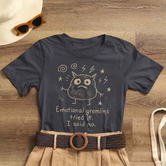 Funny mental health boundary T-shirt featuring Emotional Gremlins Tried It I Said No design, by Printify.