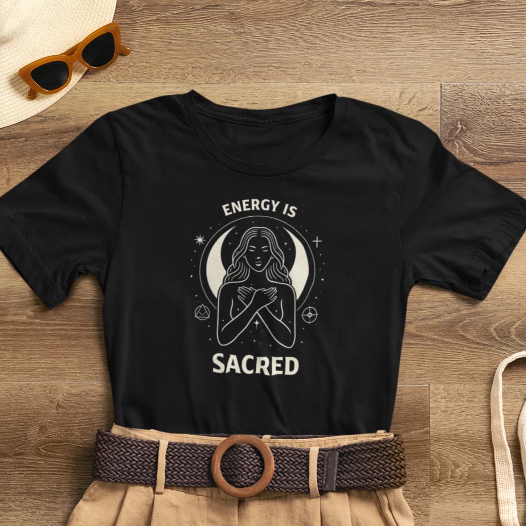 Women's Energy Is Sacred T-Shirt featuring a witchy goddess graphic for spiritual feminine empowerment.