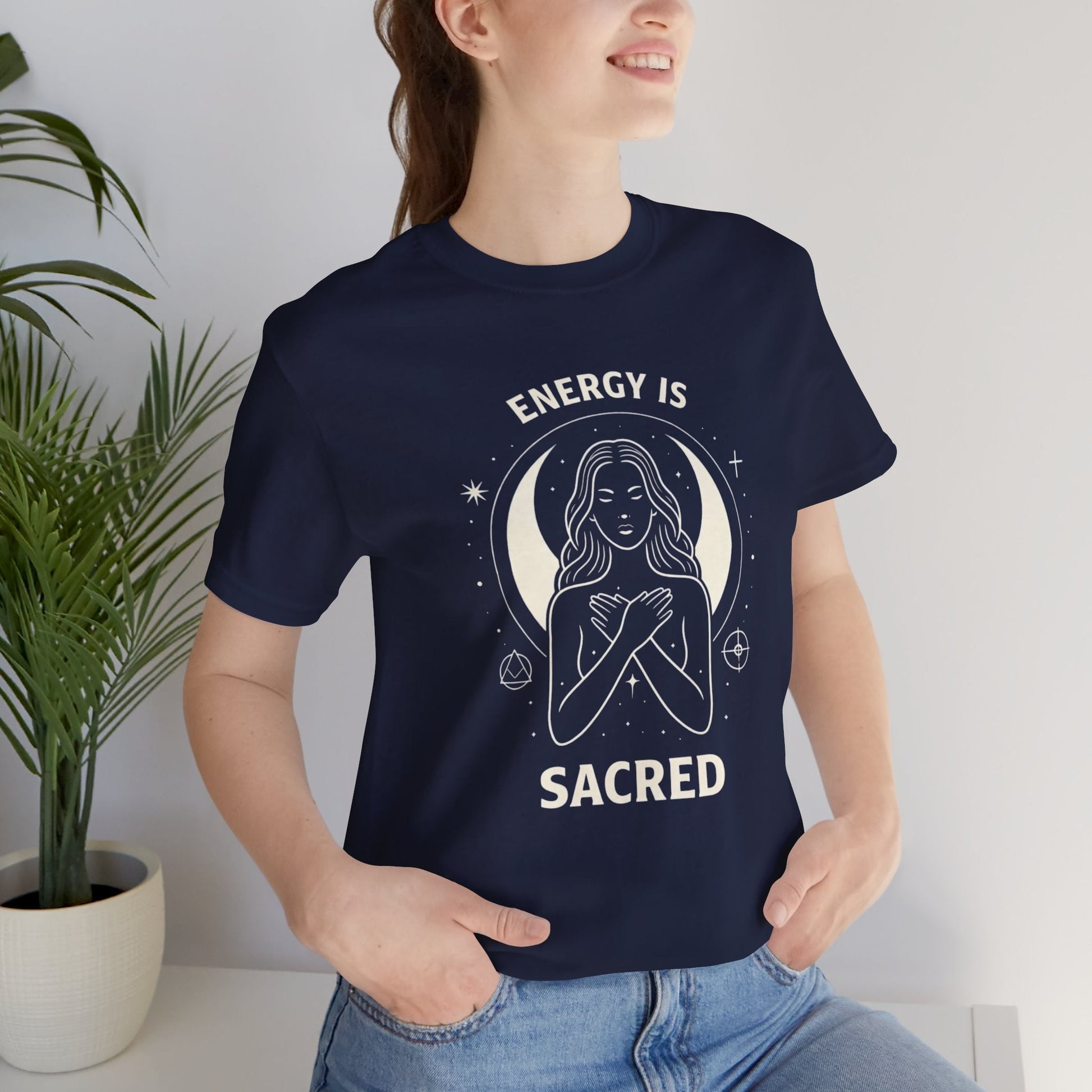 Energy Is Sacred T-Shirt featuring a witchy goddess graphic, designed for spiritual feminine empowerment for women.