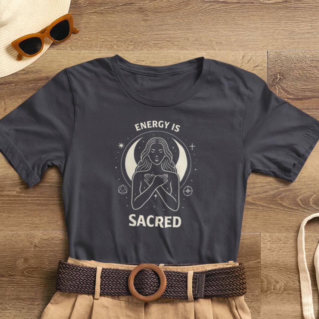 Energy Is Sacred T-Shirt featuring a witchy goddess graphic, designed for women's spiritual empowerment.