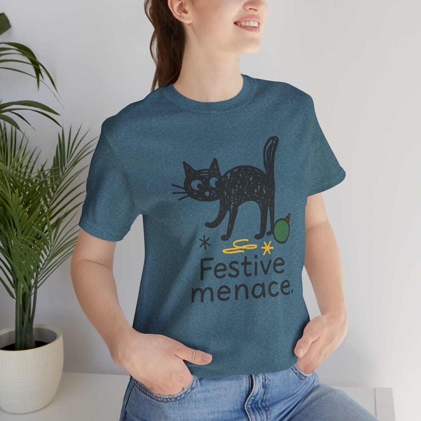 Festive Menace Black Cat Christmas T-Shirt – Funny Holiday Cat Tee, Cozy Turquoise Winter Shirt, Cute Mischief Kitten Graphic, Unisex Gift - Spirit Stitch