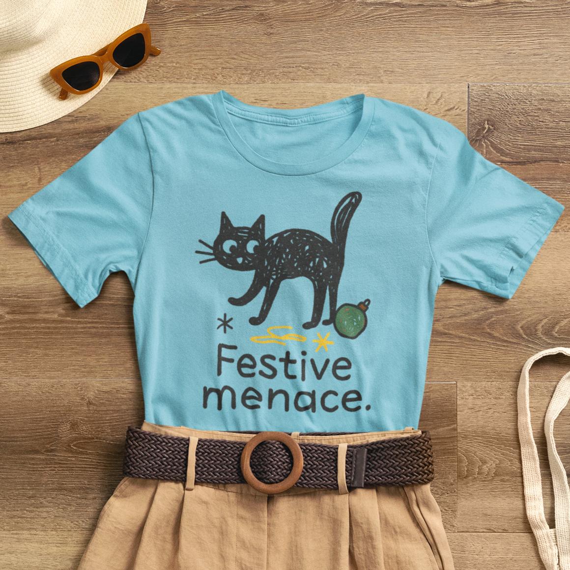 Festive Menace Black Cat Christmas T-Shirt – Funny Holiday Cat Tee, Cozy Turquoise Winter Shirt, Cute Mischief Kitten Graphic, Unisex Gift - Spirit Stitch