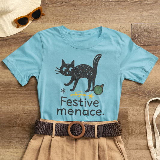 Festive Menace Black Cat Christmas T-Shirt – Funny Holiday Cat Tee, Cozy Turquoise Winter Shirt, Cute Mischief Kitten Graphic, Unisex Gift - Spirit Stitch