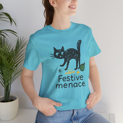 Festive Menace Black Cat Christmas T-Shirt – Funny Holiday Cat Tee, Cozy Turquoise Winter Shirt, Cute Mischief Kitten Graphic, Unisex Gift - Spirit Stitch