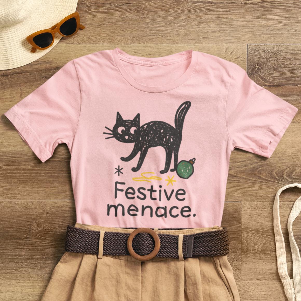Festive Menace Black Cat Christmas T-Shirt – Funny Holiday Cat Tee, Cozy Turquoise Winter Shirt, Cute Mischief Kitten Graphic, Unisex Gift - Spirit Stitch