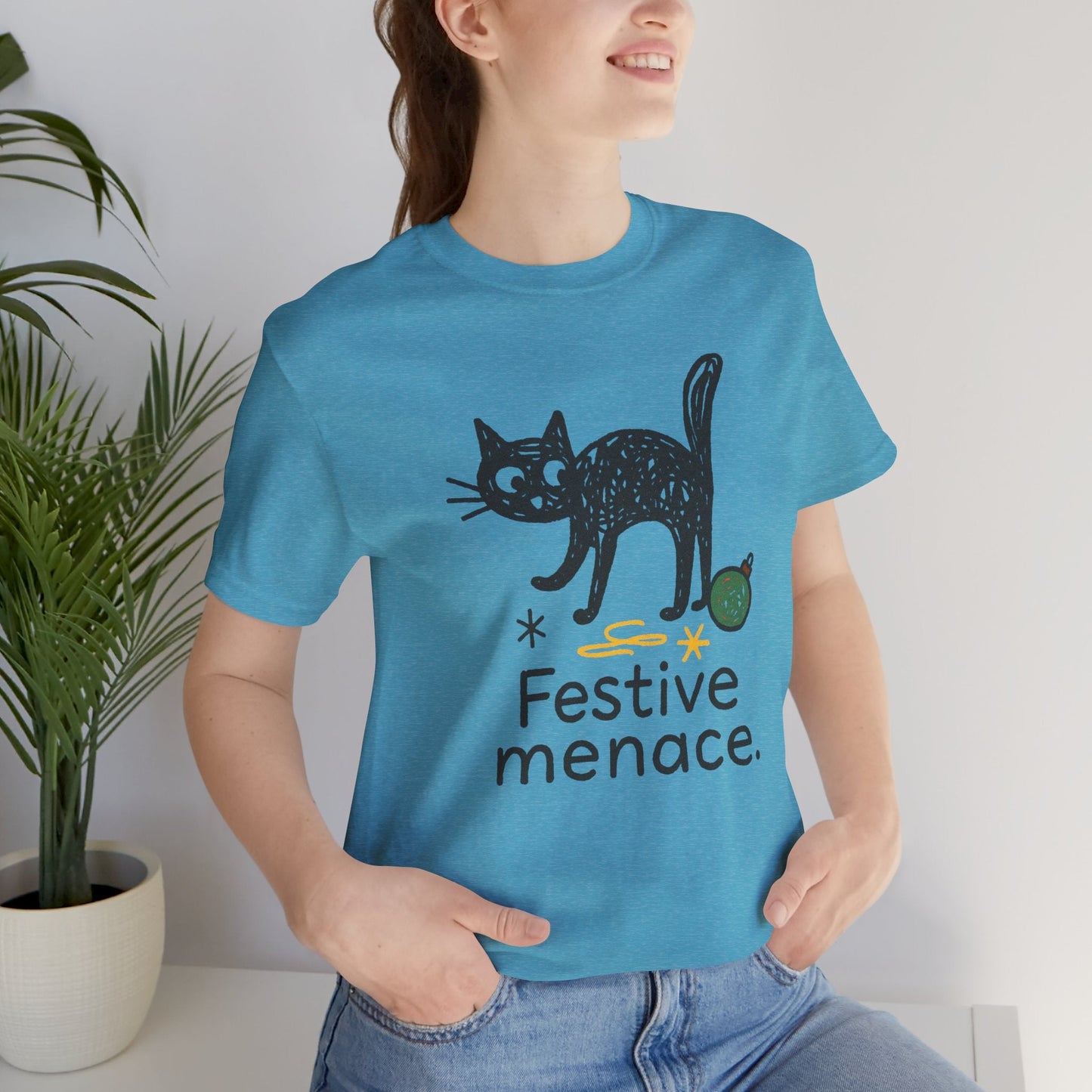 Festive Menace Black Cat Christmas T-Shirt – Funny Holiday Cat Tee, Cozy Turquoise Winter Shirt, Cute Mischief Kitten Graphic, Unisex Gift - Spirit Stitch
