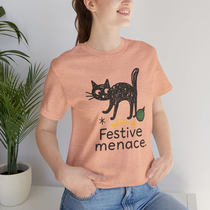 Festive Menace Black Cat Christmas T-Shirt – Funny Holiday Cat Tee, Cozy Turquoise Winter Shirt, Cute Mischief Kitten Graphic, Unisex Gift - Spirit Stitch