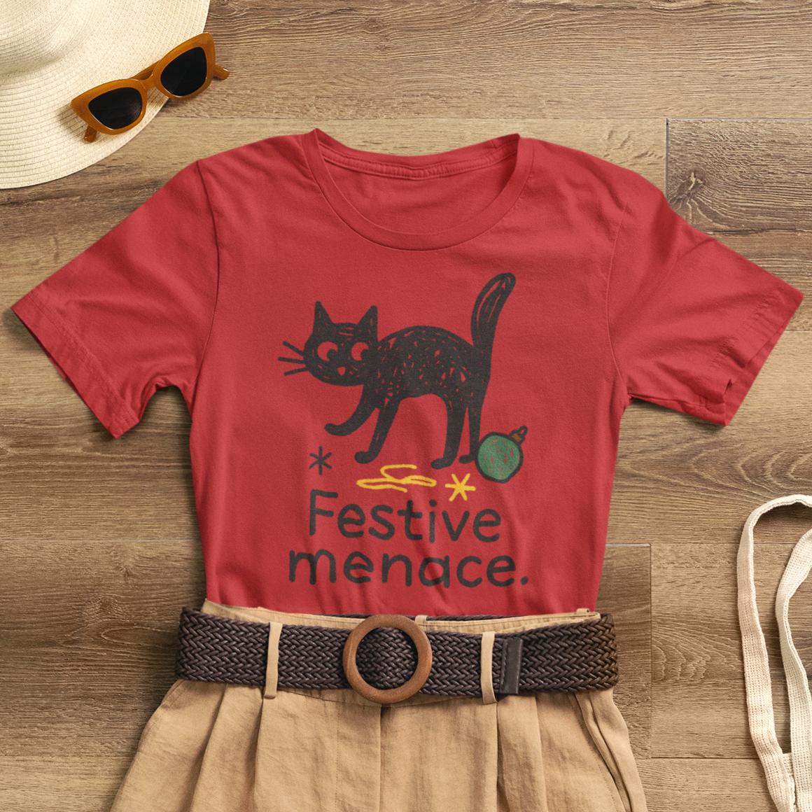 Festive Menace Black Cat Christmas T-Shirt – Funny Holiday Cat Tee, Cozy Turquoise Winter Shirt, Cute Mischief Kitten Graphic, Unisex Gift - Spirit Stitch