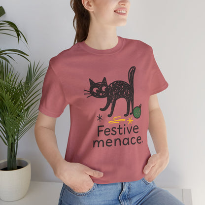 Festive Menace Black Cat Christmas T-Shirt – Funny Holiday Cat Tee, Cozy Turquoise Winter Shirt, Cute Mischief Kitten Graphic, Unisex Gift - Spirit Stitch