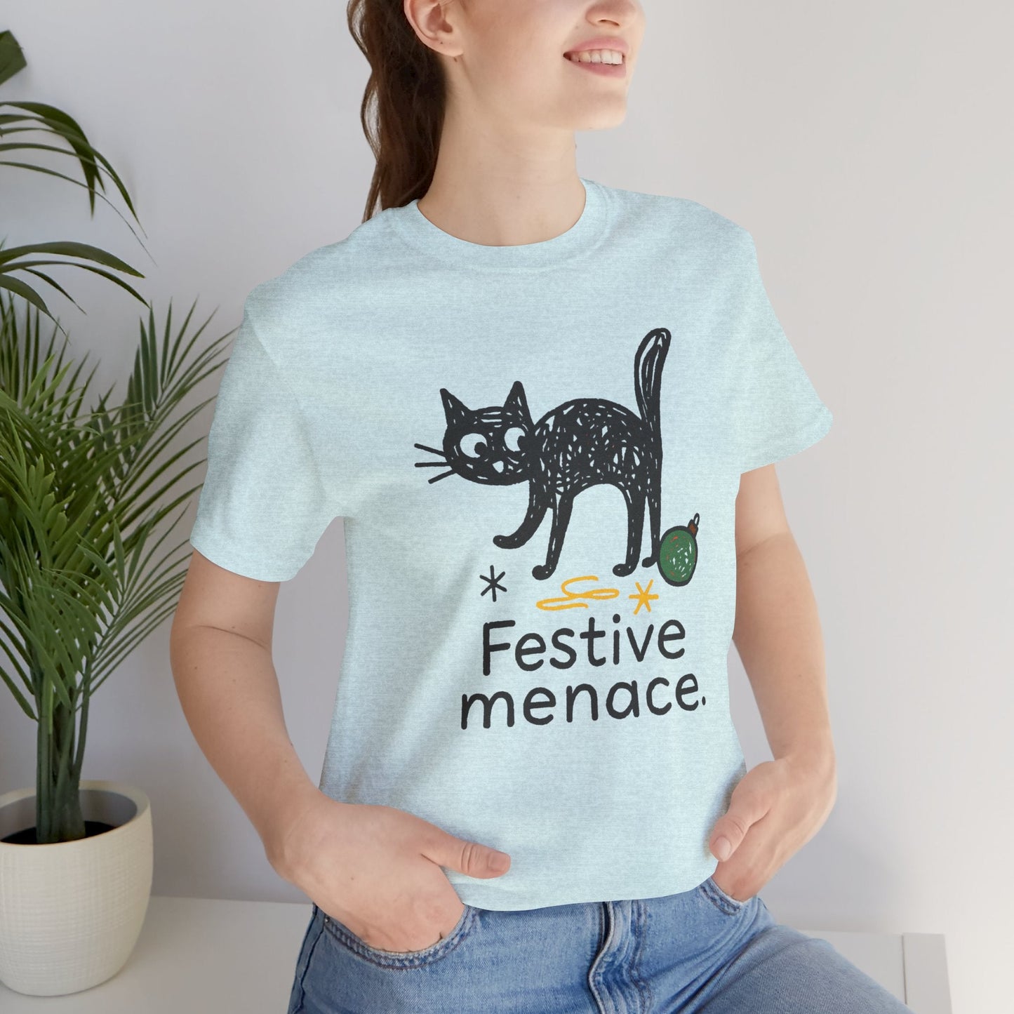 Festive Menace Black Cat Christmas T-Shirt – Funny Holiday Cat Tee, Cozy Turquoise Winter Shirt, Cute Mischief Kitten Graphic, Unisex Gift - Spirit Stitch
