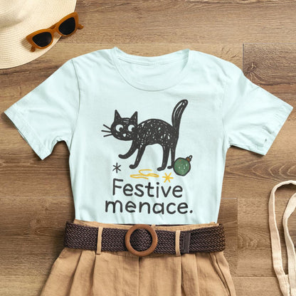 Festive Menace Black Cat Christmas T-Shirt – Funny Holiday Cat Tee, Cozy Turquoise Winter Shirt, Cute Mischief Kitten Graphic, Unisex Gift - Spirit Stitch