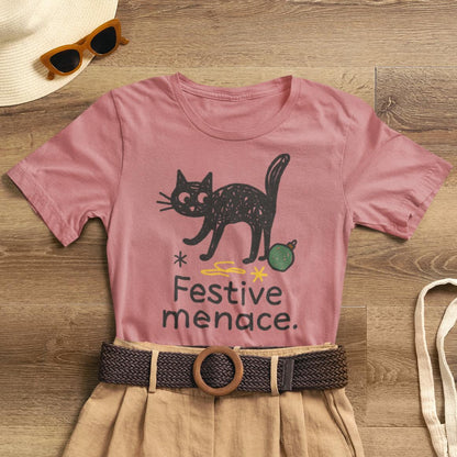 Festive Menace Black Cat Christmas T-Shirt – Funny Holiday Cat Tee, Cozy Turquoise Winter Shirt, Cute Mischief Kitten Graphic, Unisex Gift - Spirit Stitch