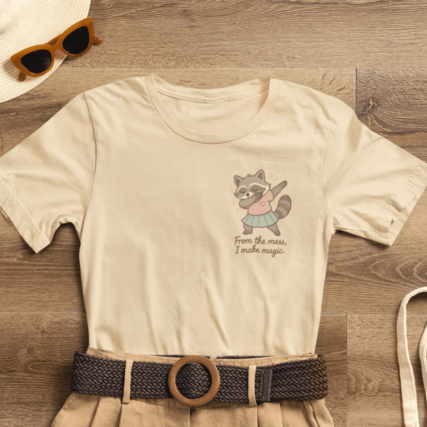 From the Mess I Make Magic Shirt – Cute Raccoon Pocket Tee | Positive Affirmation Animal Graphic T-Shirt - Spirit Stitch