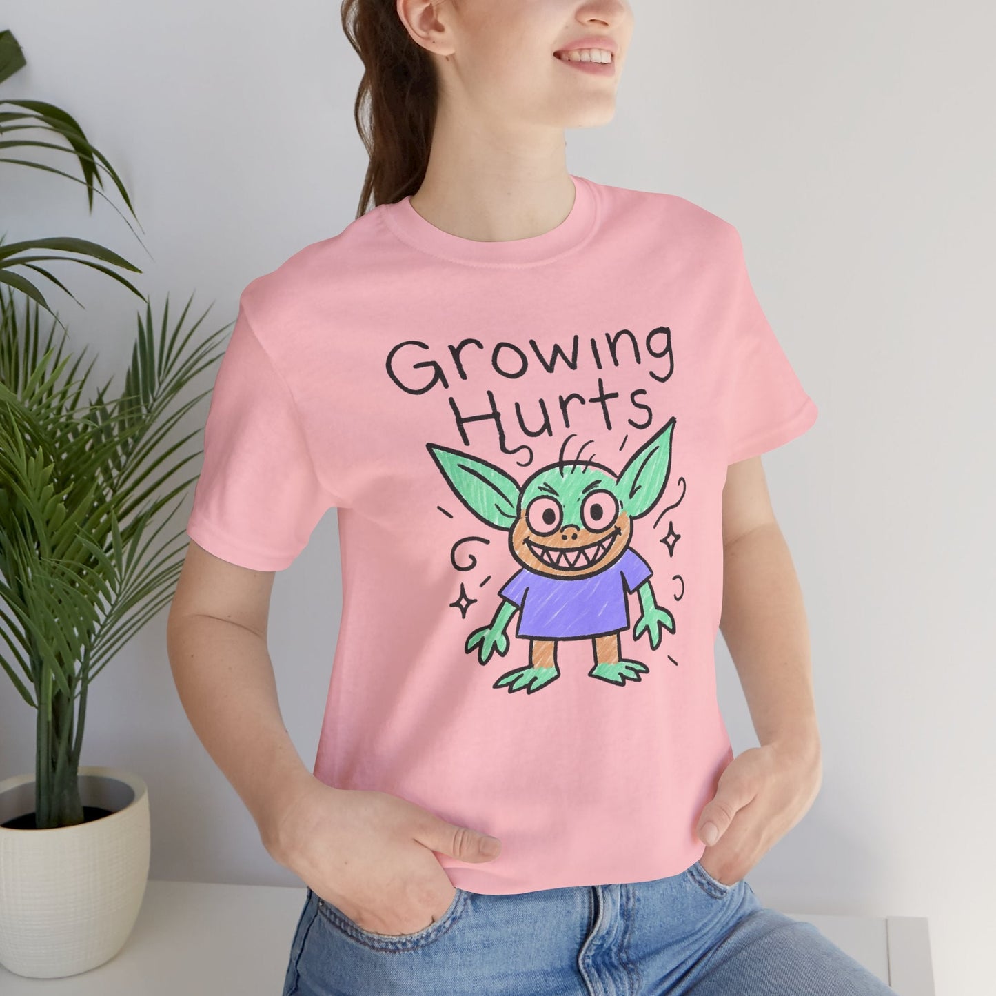 Growing Hurts Goblin Shirt – Cute Emotional Growth Tee, Naive Doodle Creature Art, Funny Self - Care Goblin, Whimsical Mental Health Shirt - Spirit Stitch
