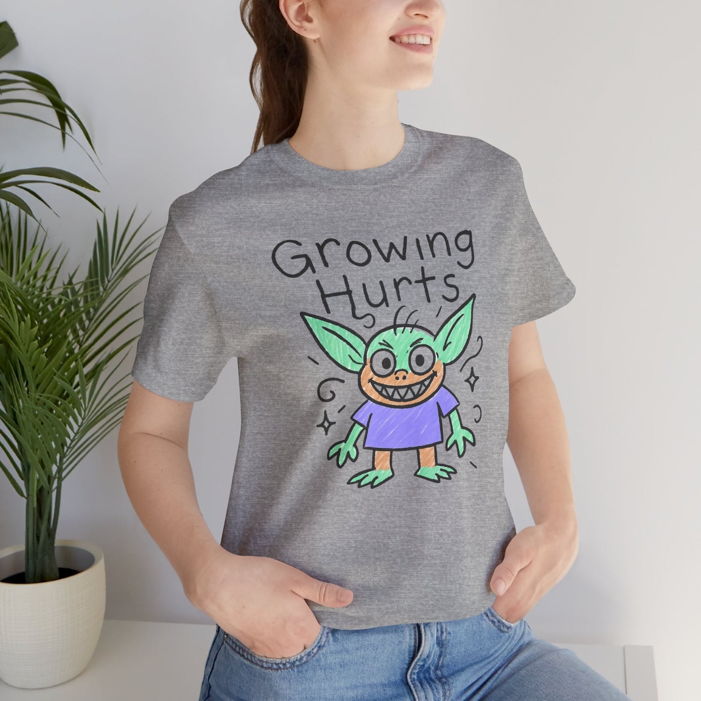 Growing Hurts Goblin Shirt – Cute Emotional Growth Tee, Naive Doodle Creature Art, Funny Self - Care Goblin, Whimsical Mental Health Shirt - Spirit Stitch