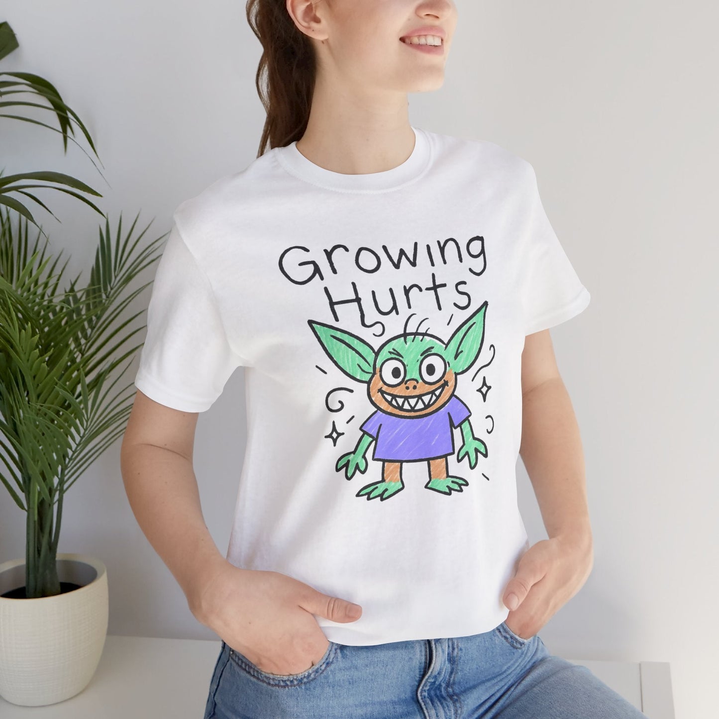 Growing Hurts Goblin Shirt – Cute Emotional Growth Tee, Naive Doodle Creature Art, Funny Self - Care Goblin, Whimsical Mental Health Shirt - Spirit Stitch