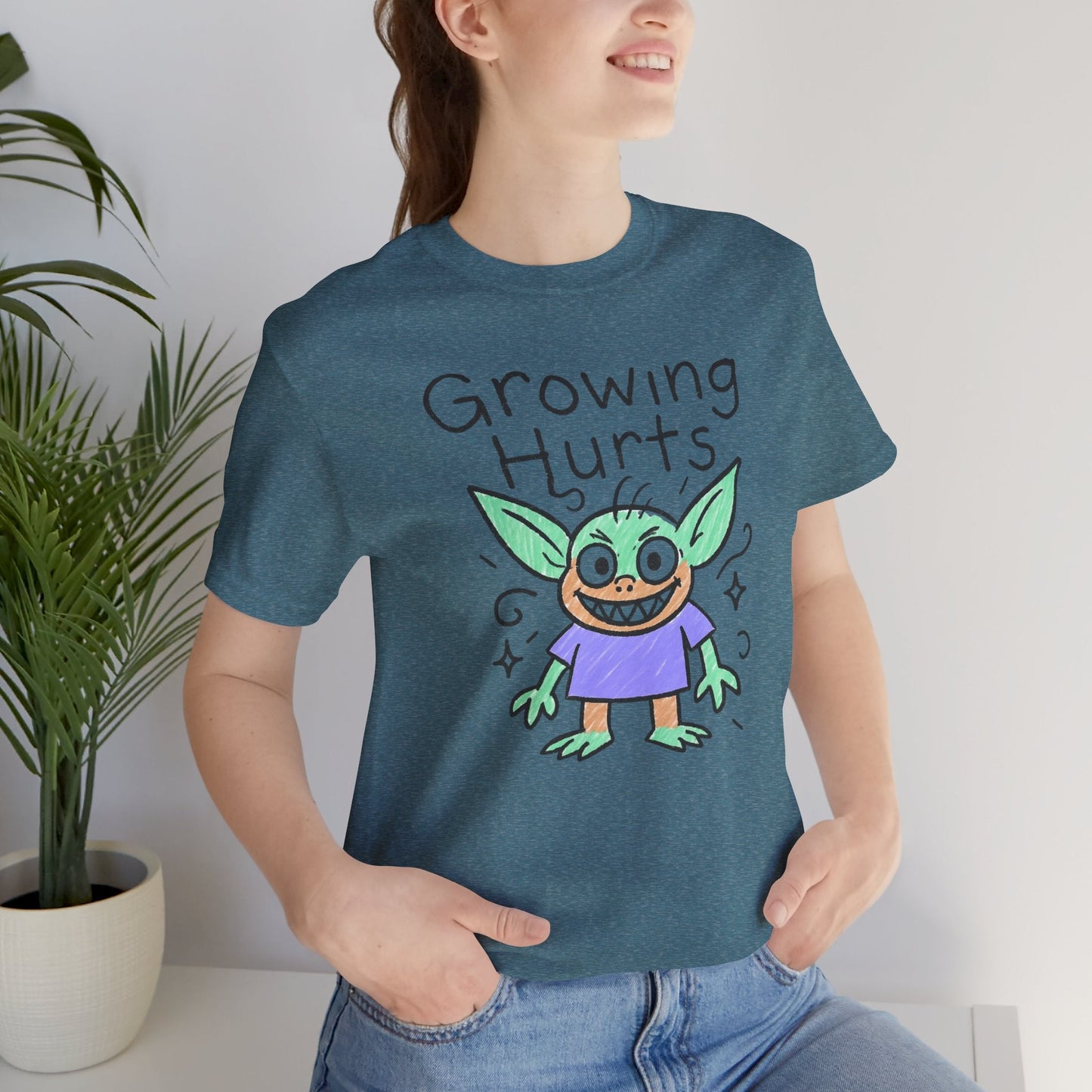 Growing Hurts Goblin Shirt – Cute Emotional Growth Tee, Naive Doodle Creature Art, Funny Self - Care Goblin, Whimsical Mental Health Shirt - Spirit Stitch