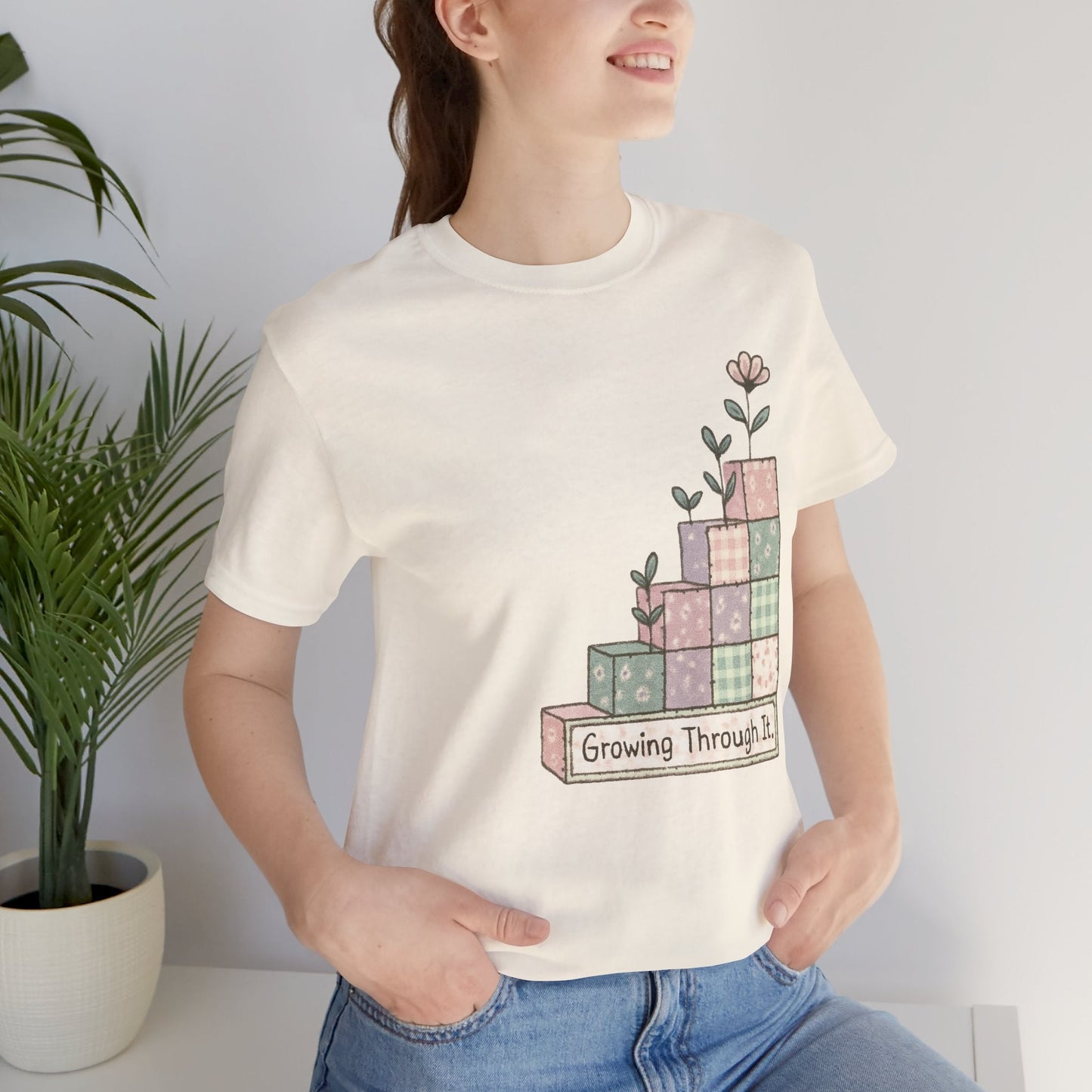 Growing Through It Shirt – Patchwork Blocks Growth Tee - Spirit Stitch. Gift for International Self-Care Day.