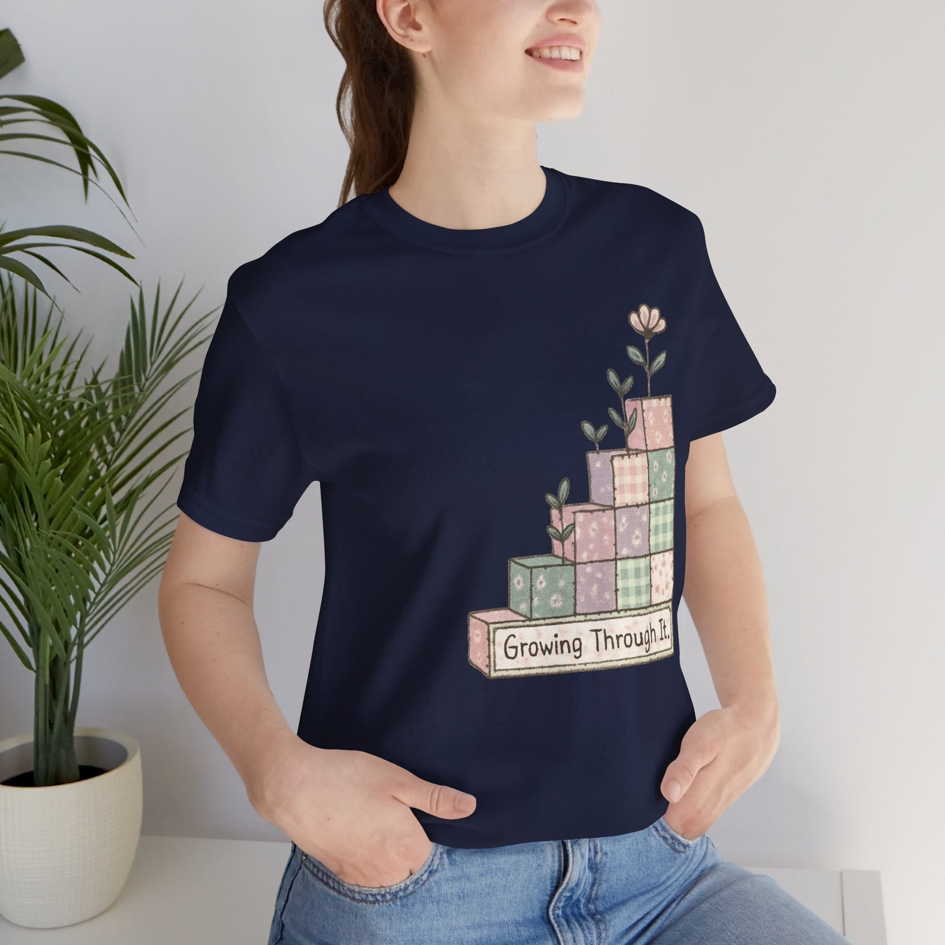 Growing Through It Shirt – Patchwork Blocks Growth Tee - Spirit Stitch. Gift for International Self-Care Day.