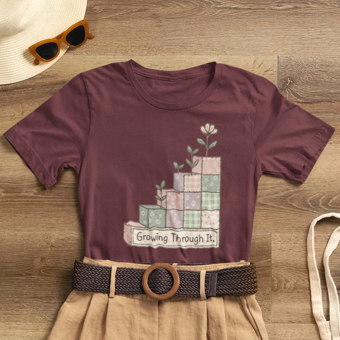 Growing Through It Shirt – Patchwork Blocks Growth Tee - Spirit Stitch. Gift for International Self-Care Day.