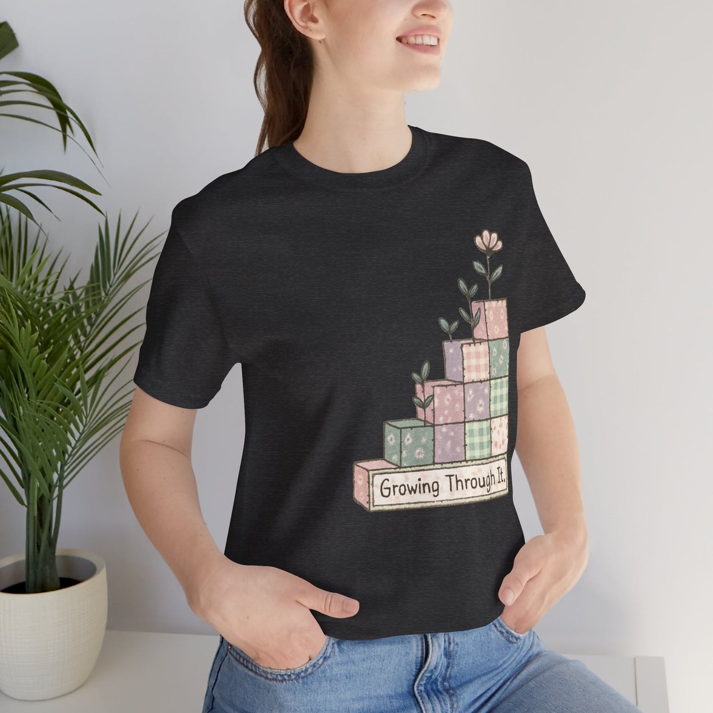 Growing Through It Shirt – Patchwork Blocks Growth Tee - Spirit Stitch. Gift for International Self-Care Day.