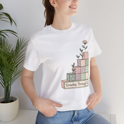 Growing Through It Shirt – Patchwork Blocks Growth Tee - Spirit Stitch. Gift for International Self-Care Day.