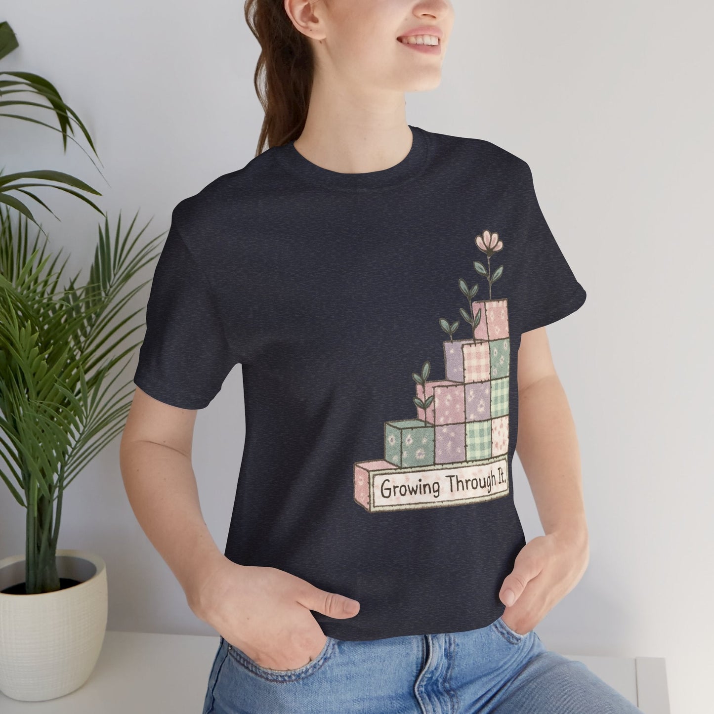 Growing Through It Shirt – Patchwork Blocks Growth Tee - Spirit Stitch. Gift for International Self-Care Day.