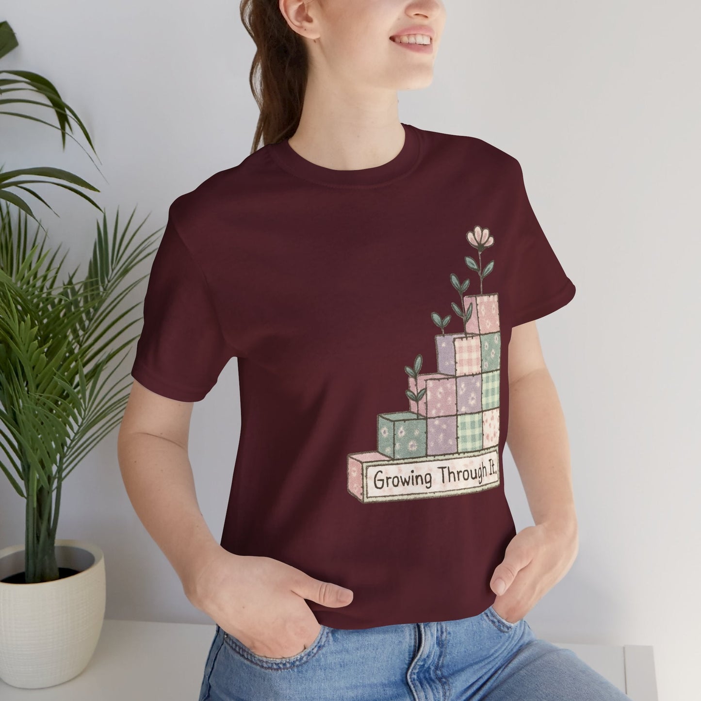 Growing Through It Shirt – Patchwork Blocks Growth Tee - Spirit Stitch. Gift for International Self-Care Day.