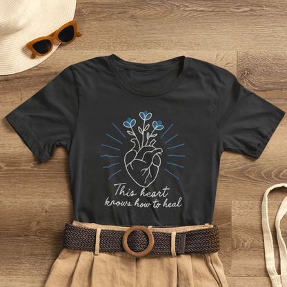 Healing Heart Tee – Radiant Blue Heart & Florals on Black | Spirit Stitch - Spirit Stitch