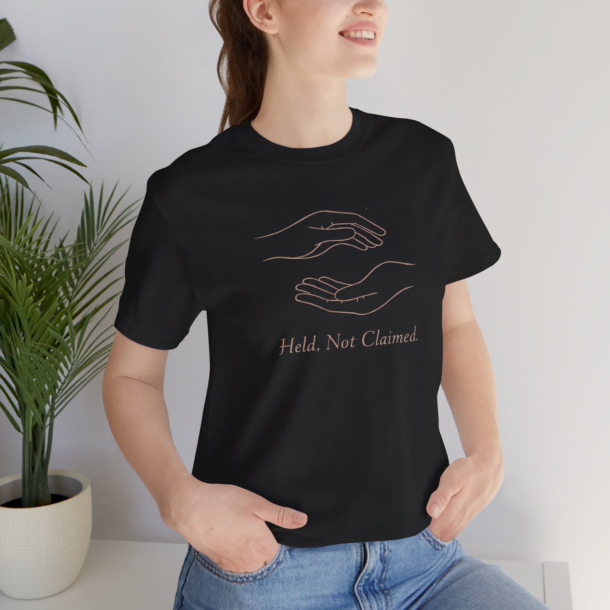 Held, Not Claimed – Minimal Line Art Hands Graphic Unisex T-Shirt | Soft Black Aesthetic Self - Care Tee - Spirit Stitch