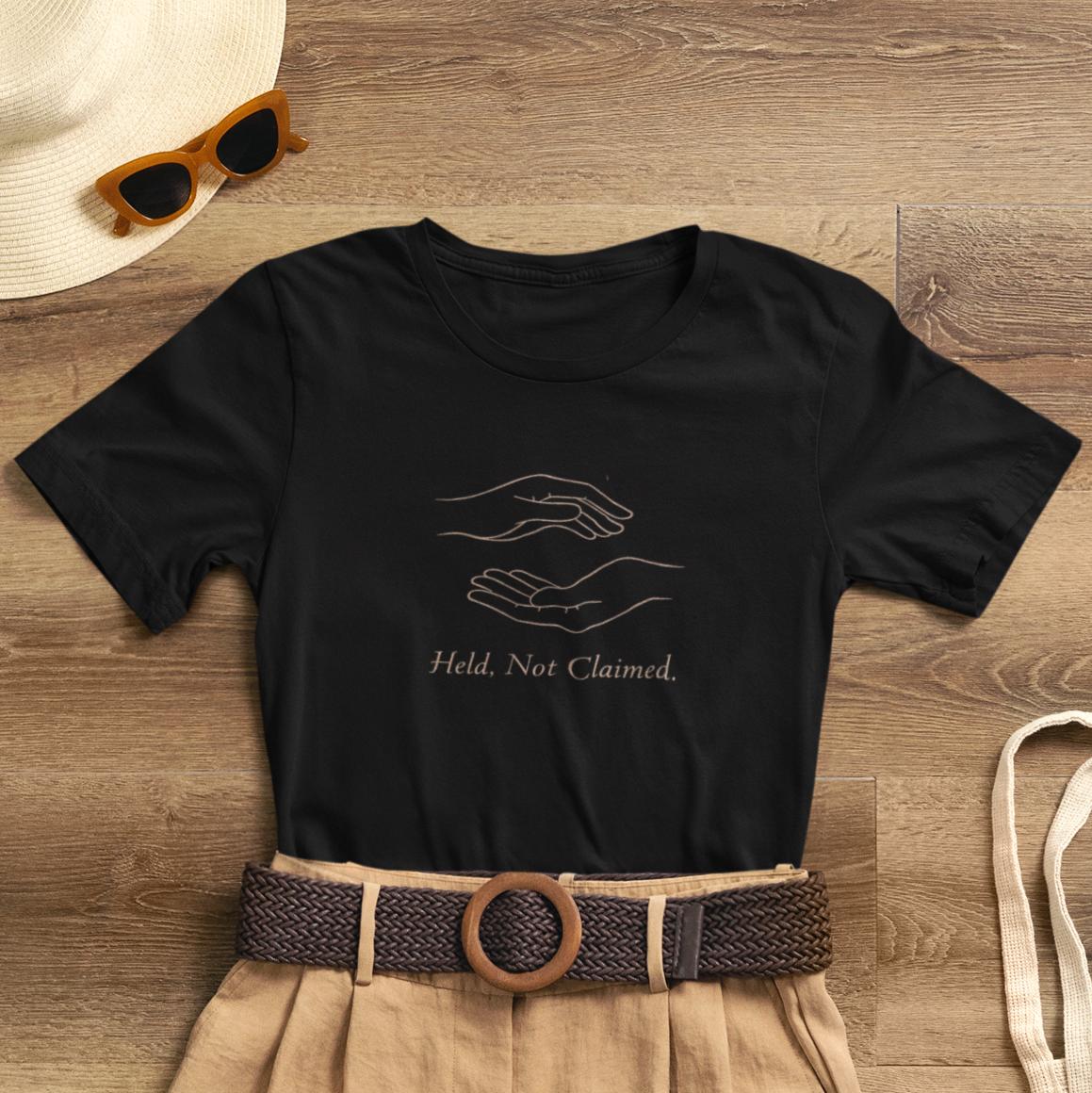 Held, Not Claimed – Minimal Line Art Hands Graphic Unisex T-Shirt | Soft Black Aesthetic Self - Care Tee - Spirit Stitch