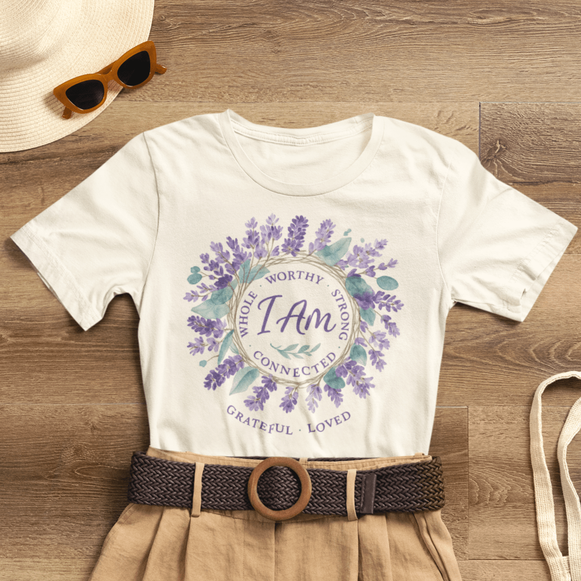 I Am Affirmation T-Shirt – Lavender Wreath Self - Love Tee - Spirit Stitch
