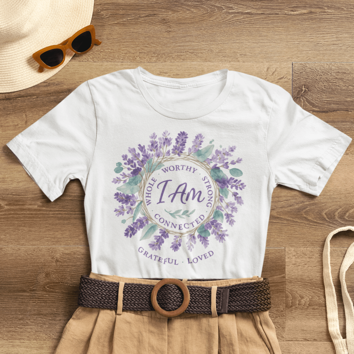 I Am Affirmation T-Shirt – Lavender Wreath Self - Love Tee - Spirit Stitch
