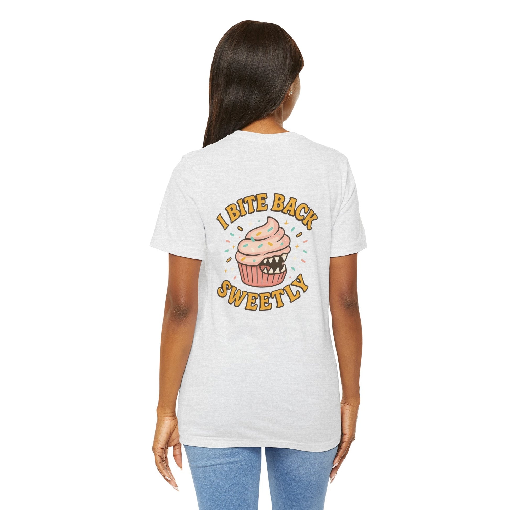 Printify I Bite Back Sweetly T-shirt with cupcake graphic and sassy quote, front and back view, casual graphic tee.