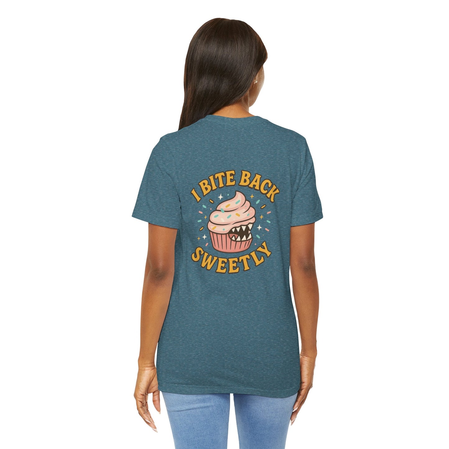 Printify I Bite Back Sweetly T-shirt featuring front and back cupcake graphic and sassy quote, casual and stylish graphic tee.