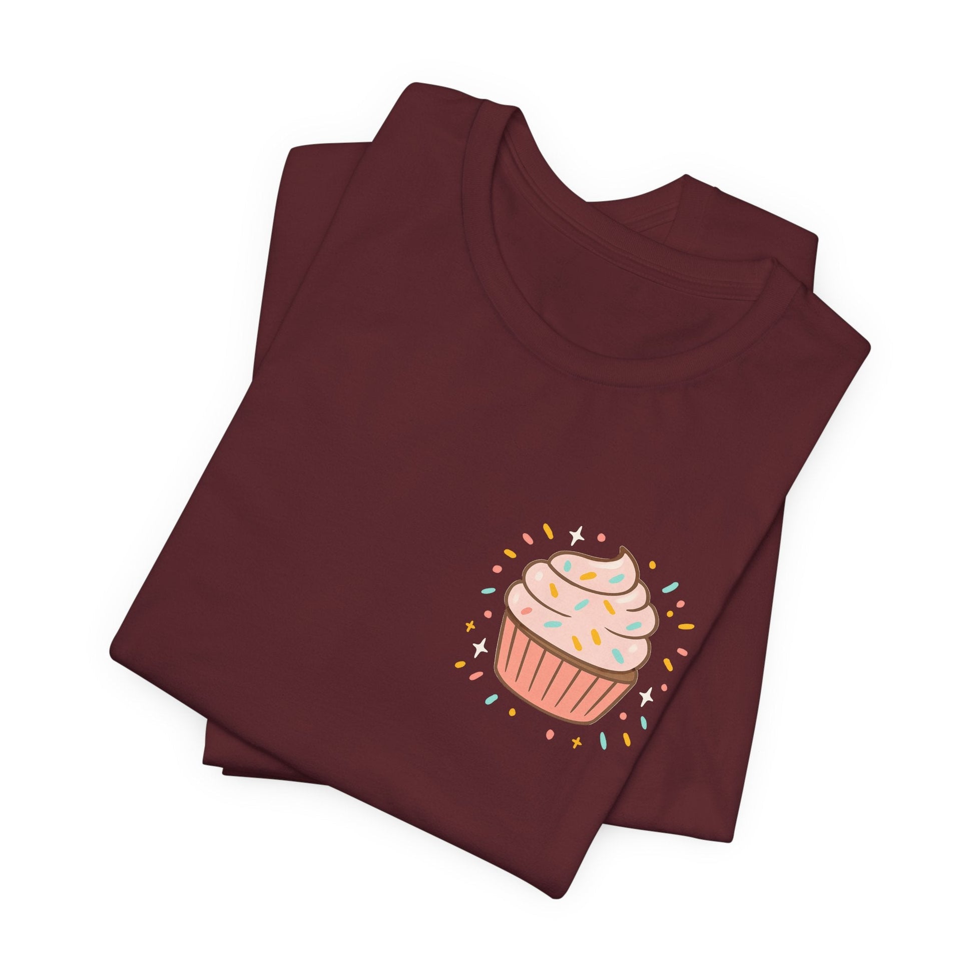 Printify cupcake graphic T-shirt with sassy quote, front and back view, featuring a playful sweets-themed design and bold text.