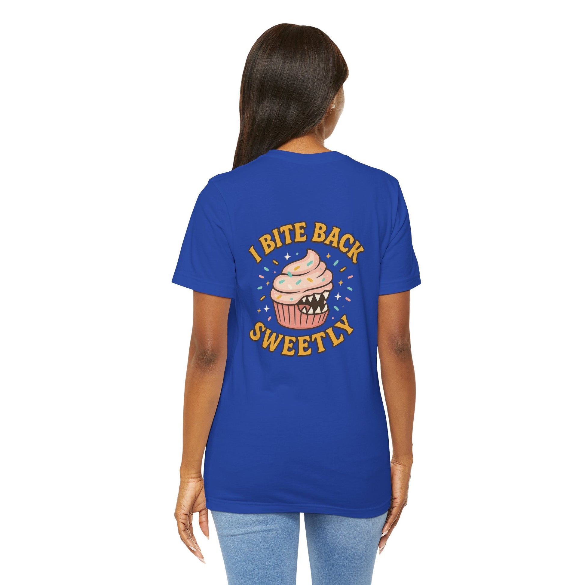 Printify I Bite Back Sweetly T-shirt with cupcake graphic and sassy quote, featuring a front and back design.