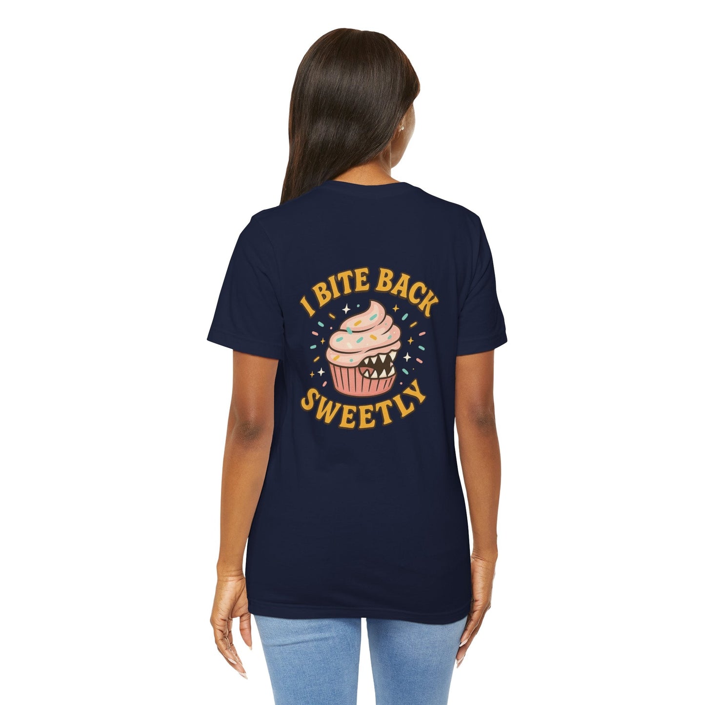 Printify I Bite Back Sweetly T-shirt featuring front and back cupcake graphic and sassy quote, casual graphic tee for women.