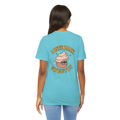 Printify I Bite Back Sweetly T-shirt with cupcake graphic and sassy quote, front and back view of this stylish graphic tee.