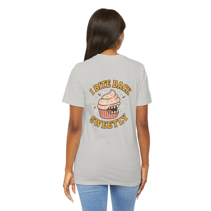 Printify I Bite Back Sweetly T-shirt with cupcake graphic and sassy quote, front and back view, casual graphic tee.