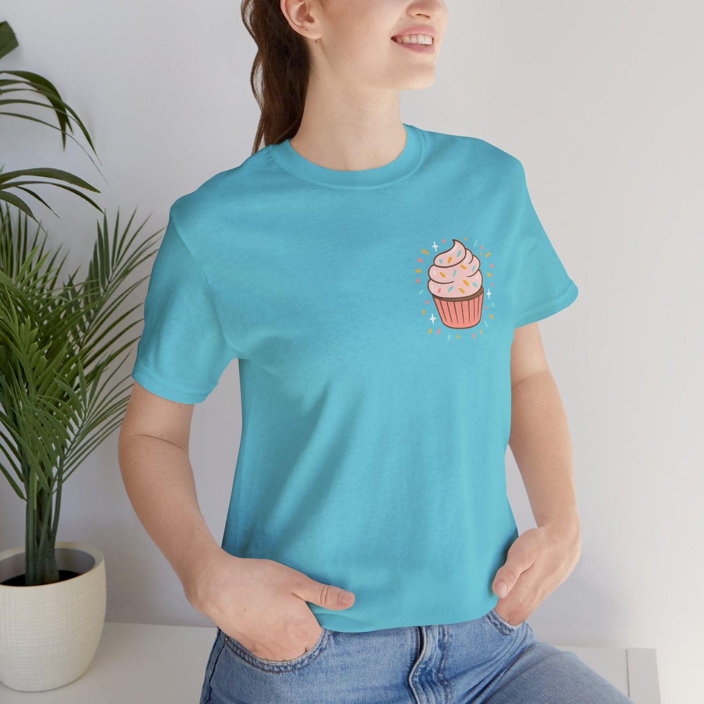 Printify I Bite Back Sweetly T-shirt with cupcake graphic and sassy quote, front and back view, casual graphic tee for women