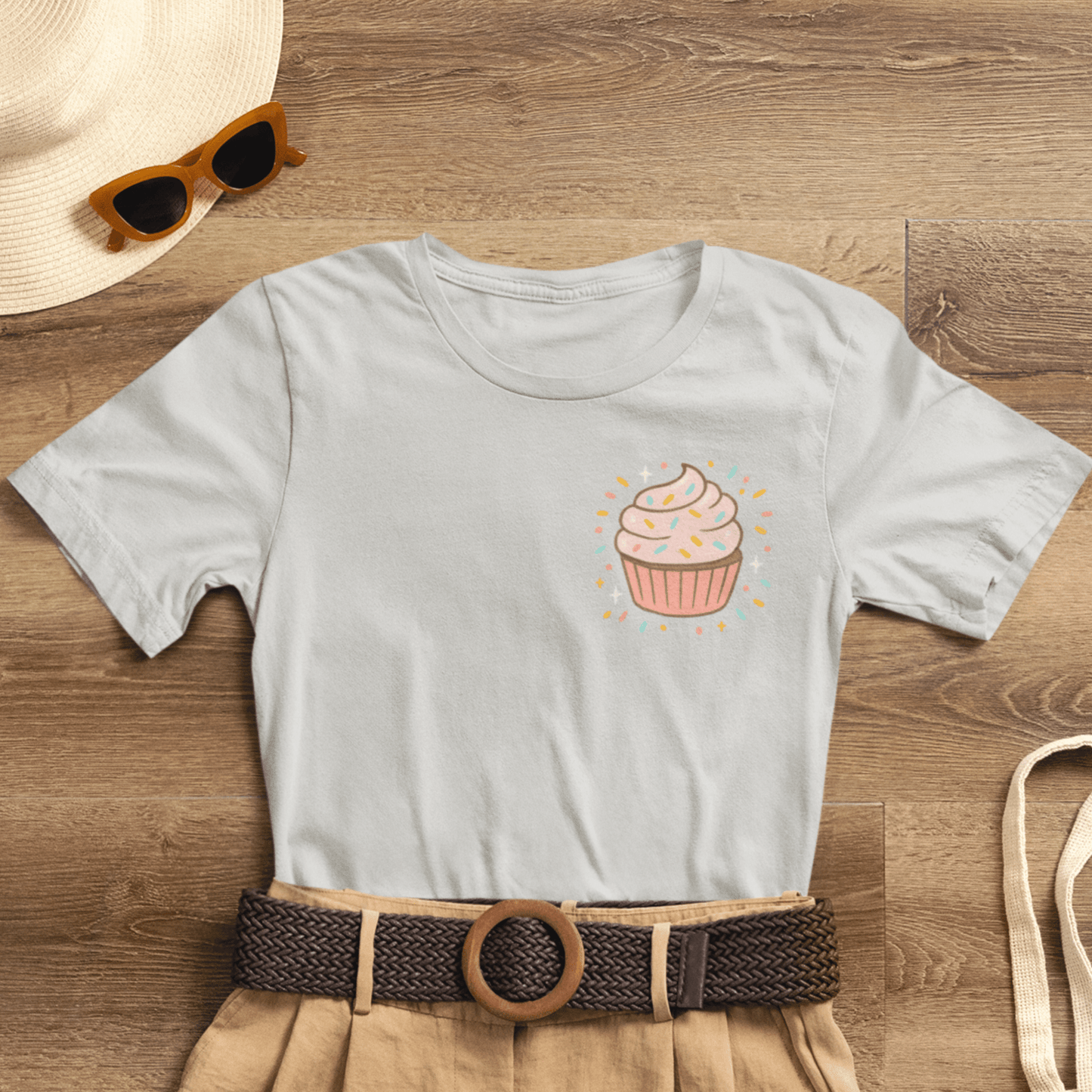 Printify I Bite Back Sweetly T-shirt with cupcake graphic and sassy quote, shown from front and back views.