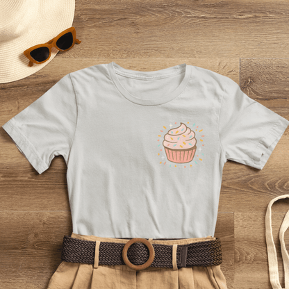 Printify I Bite Back Sweetly T-shirt with cupcake graphic and sassy quote, shown from front and back views.