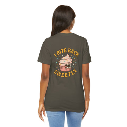 Printify I Bite Back Sweetly T-shirt featuring front and back cupcake graphic and sassy quote, casual and stylish graphic tee.
