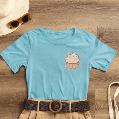 Printify I Bite Back Sweetly T-shirt with cupcake graphic and sassy quote, showing front and back views.
